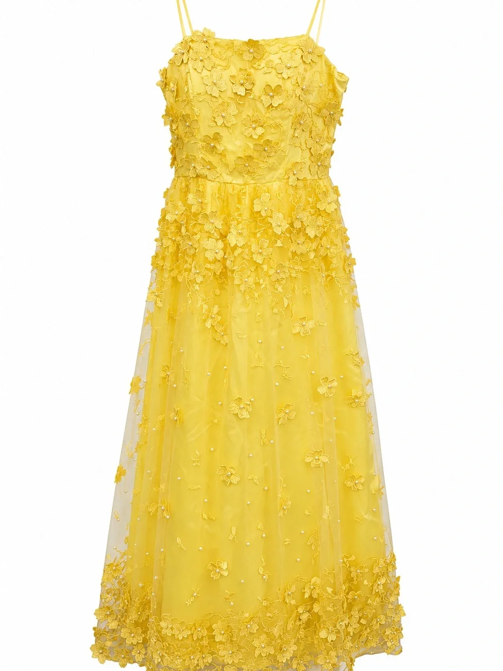 City Triangles Yellow Floral 3D-Appliqué Spaghetti-Strap Dress